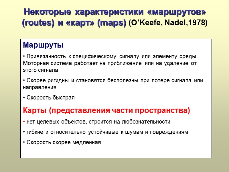 Некоторые характеристики «маршрутов» (routes) и «карт» (maps) (O’Keefe, Nadel,1978) Маршруты   Привязанность к